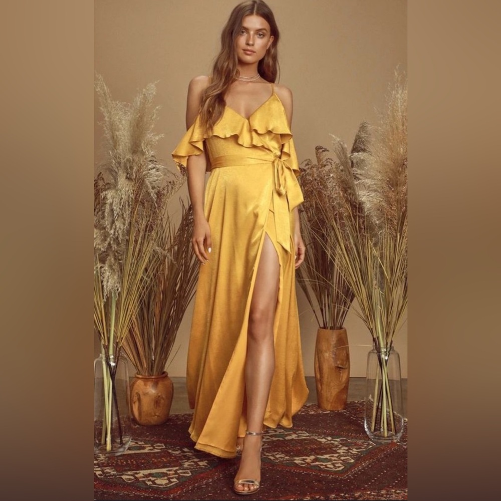 Lulu's Mustard Yellow Ruffled Wrap Maxi Dress